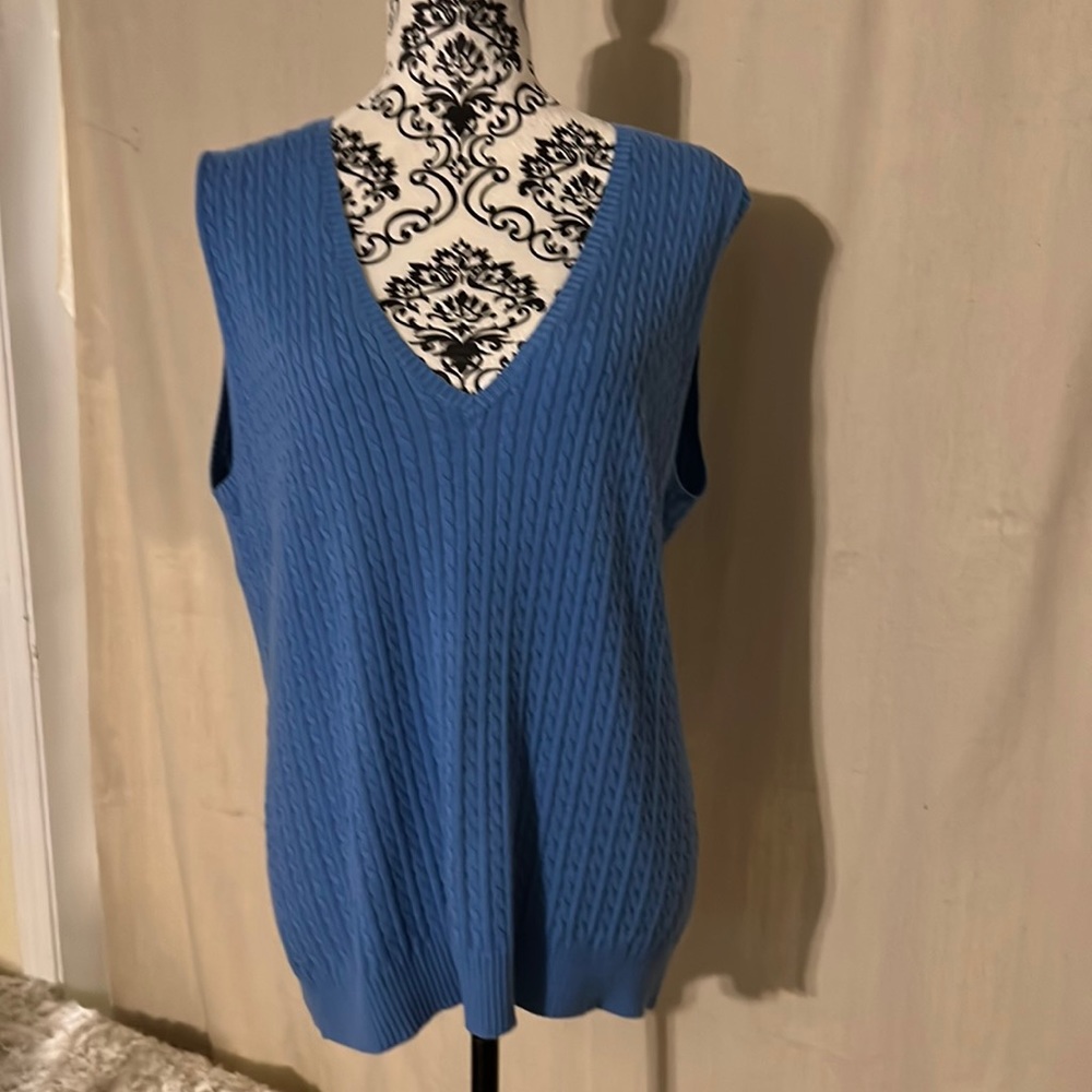 Vintage L.L. Bean Cable knit Sweater Vest Lt Blue Sz L Unisex Stretchy V Neck - Picture 1 of 6